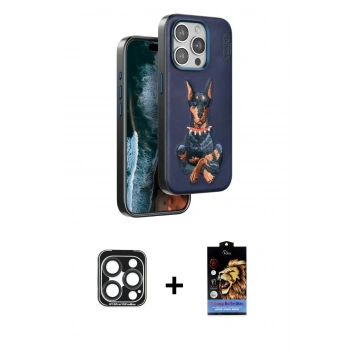 ieg™ iPhone 15 Pro Max Kılıf Nova Form Koleksiyonu - Siyah Buffer Hayalet Cam Ekran Koruyucu + Lacivert PVD Metal Kamera Lens
