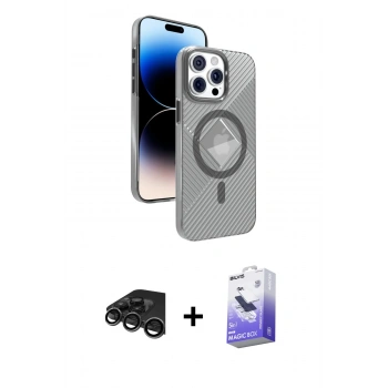 ieg™ iPhone 15 Pro Max Kılıf Nova Modern Prime - Siyah Bilvis 5in1 5D Magic Hayalet Cam Ekran Koruyucu + Titanyum Gri Raze Metal Kamera Lens