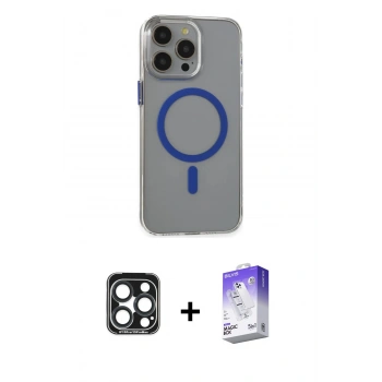 ieg™ iPhone 15 Pro Max Kılıf Odak Form Özel Seri - Siyah Bilvis 5in1 3D Magic Cam Ekran Koruyucu + Lacivert PVD Metal Kamera Lens
