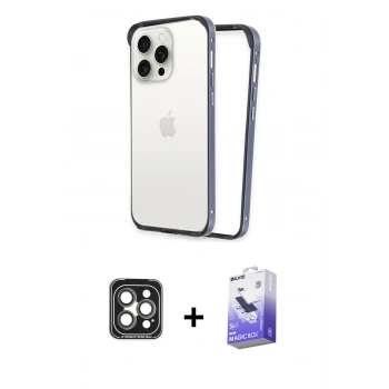 ieg™ iPhone 15 Pro Max Kılıf Pusula Asil Koleksiyonu - Siyah Bilvis 5in1 5D Magic Hayalet Cam Ekran Koruyucu + Gri PVD Metal Kamera Lens