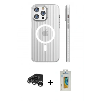 ieg™ iPhone 15 Pro Max Kılıf Pusula Minimal Koleksiyonu - Siyah Polymer Nano Ekran Koruyucu + Gümüş Raze Metal Kamera Lens