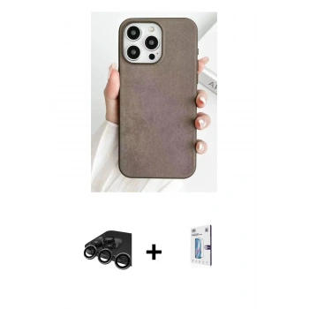 ieg™ iPhone 15 Pro Max Kılıf Pusula Modern - Siyah Bilvis 0.18mm Plus Cam Ekran Koruyucu + Titanyum Gri Raze Metal Kamera Lens