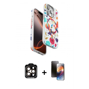 ieg™ iPhone 15 Pro Max Kılıf Siluet Doku - Siyah 3D Antistatik Mat Seramik Nano Ekran Koruyucu + Turuncu PVD Metal Kamera Lens