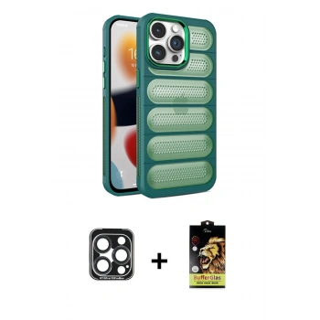 ieg™ iPhone 15 Pro Max Kılıf Yadigar Doku Özel Seri - Siyah Buffer Cam Ekran Koruyucu + Lacivert PVD Metal Kamera Lens
