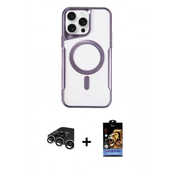 ieg™ iPhone 15 Pro Max Kılıf Yadigar Klasik Özel Seri - Siyah Buffer Hayalet Cam Ekran Koruyucu + Gümüş Raze Metal Kamera Lens