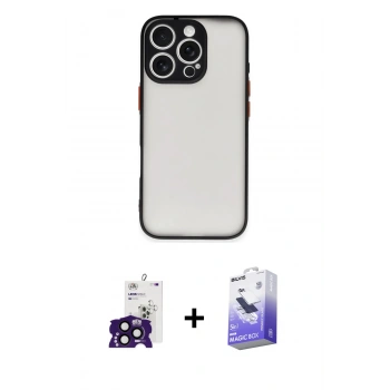 ieg™ iPhone 16 Pro Max Kılıf Ahenk Çizgi Serisi - Siyah Bilvis 5in1 5D Magic Hayalet Cam Ekran Koruyucu + Siyah Bilvis Titan Kamera Lens