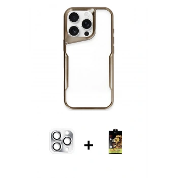 ieg™ iPhone 16 Pro Max Kılıf Akış Çizgi Koleksiyonu - Siyah Buffer Cam Ekran Koruyucu + Gümüş Pers Alüminyum Kamera Lens