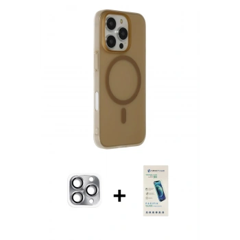 ieg™ iPhone 16 Pro Max Kılıf Çekirdek Modern Prime - Şeffaf Pasifik Cam Ekran Koruyucu + Gri Pers Alüminyum Kamera Lens