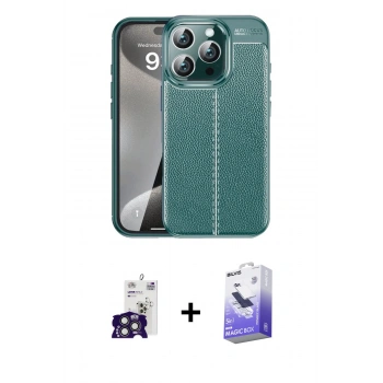ieg™ iPhone 16 Pro Max Kılıf Doruk Klasik Özel Seri - Siyah Bilvis 5in1 5D Magic Hayalet Cam Ekran Koruyucu + Titanyum Gri Bilvis Titan Kamera Lens