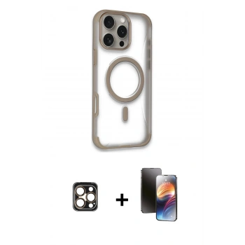 ieg™ iPhone 16 Pro Max Kılıf Eksen Klasik Koleksiyonu - Siyah 3D Antistatik Mat Seramik Nano Ekran Koruyucu + Gold PVD Metal Kamera Lens