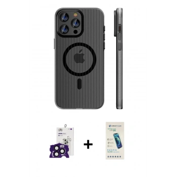 ieg™ iPhone 16 Pro Max Kılıf Pusula Minimal Koleksiyonu - Şeffaf Pasifik Cam Ekran Koruyucu + Siyah Bilvis Titan Kamera Lens