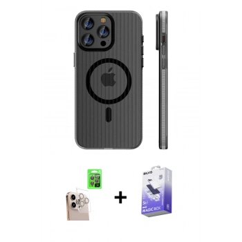 ieg™ iPhone 16 Pro Max Kılıf Pusula Minimal Koleksiyonu - Siyah Bilvis 5in1 5D Magic Hayalet Cam Ekran Koruyucu + Natural Grey Raze Metal Kamera Lens