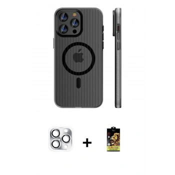ieg™ iPhone 16 Pro Max Kılıf Pusula Minimal Koleksiyonu - Siyah Buffer Cam Ekran Koruyucu + Gümüş Pers Alüminyum Kamera Lens