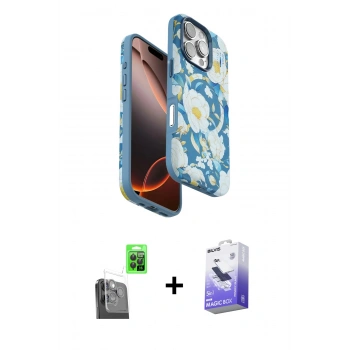 ieg™ iPhone 16 Pro Max Kılıf Siluet Doku - Siyah Bilvis 5in1 5D Magic Hayalet Cam Ekran Koruyucu + Siyah Raze Metal Kamera Lens