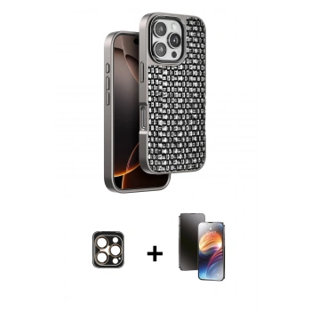 ieg™ iPhone 16 Pro Max Kılıf Siluet Form Serisi - Siyah 3D Antistatik Mat Seramik Nano Ekran Koruyucu + Gold PVD Metal Kamera Lens