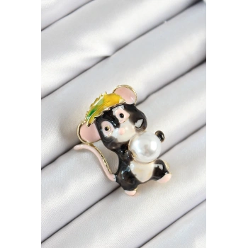 İnci Detaylı Siyah Ve Pembe 3D Sevimli Fare Figürlü Gold Renk Kadın Broş - TJ-BR437