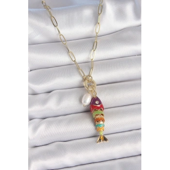 İnci Detaylı Zirkon Taşlı Rainbow Balık Figürlü Gold Renk Pirinç Kolye - TJ-BKO10215