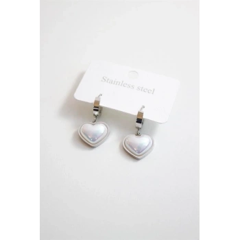 İncili Çelik Kalp Küpe - Gümüş