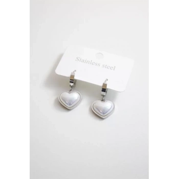 İncili Çelik Kalp Küpe - Gümüş