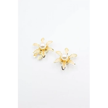 İncili Düğme Broşu - Altın