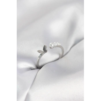 İncili Kelebek Model Gümüş Renk Pirinç Kadın Yüzük - TJ-BYK4120