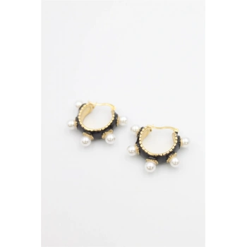 İncili Mineli Halka Küpe - Siyah