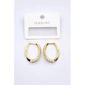 İncili Taşlı Halka Küpe - Altın