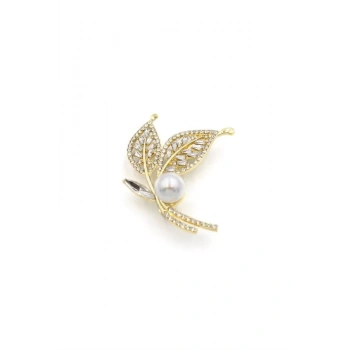 İncili Yaprak Broş - Altın