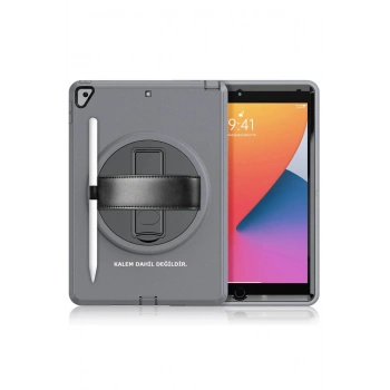 iPad 10.2 (7.nesil) Kılıf Hand Strap Tablet Kılıfı - Gri
