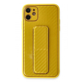 iPhone 12 Kılıf Coco Karbon Standlı Kapak - Sarı