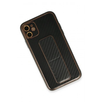 iPhone 12 Kılıf Coco Karbon Standlı Kapak - Siyah