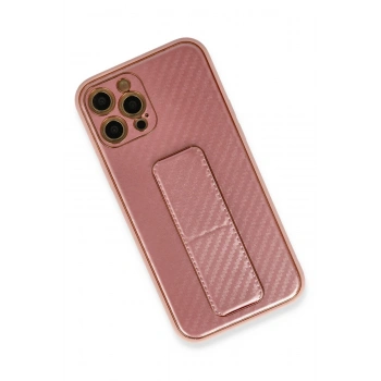 iPhone 12 Pro Kılıf Coco Karbon Standlı Kapak - Pembe