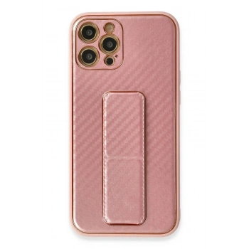 iPhone 12 Pro Kılıf Coco Karbon Standlı Kapak - Pembe