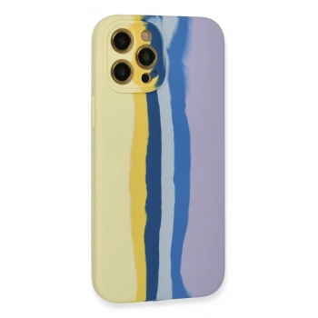 iPhone 12 Pro Max Kılıf Ebruli Lansman Silikon - Sarı-Lila