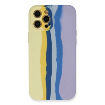 iPhone 12 Pro Max Kılıf Ebruli Lansman Silikon - Sarı-Lila