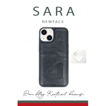 iPhone 14 Kılıf Sara Kartvizitli Deri Kılıf - Siyah