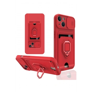 iPhone 14 Kılıf Zuma Kartvizitli Yüzüklü Silikon - Kırmızı