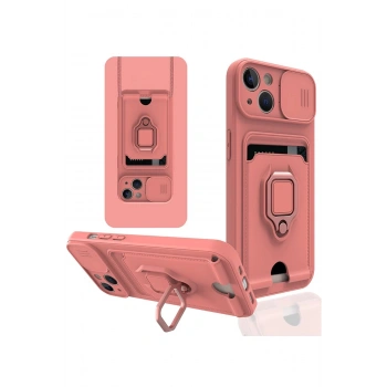 iPhone 14 Kılıf Zuma Kartvizitli Yüzüklü Silikon - Pembe