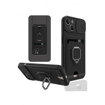 iPhone 14 Plus Kılıf Zuma Kartvizitli Yüzüklü Silikon - Siyah