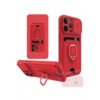 iPhone 14 Pro Kılıf Zuma Kartvizitli Yüzüklü Silikon - Kırmızı