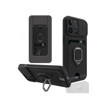 iPhone 14 Pro Kılıf Zuma Kartvizitli Yüzüklü Silikon - Siyah