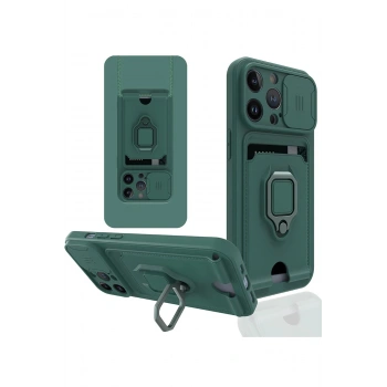 iPhone 14 Pro Max Kılıf Zuma Kartvizitli Yüzüklü Silikon - Yeşil