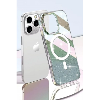 iPhone 14 Pro Max Rasasi Simli Magsafe Kapak - Şeffaf