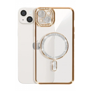 iPhone 15 Kılıf Joke Simli Magneticsafe Kılıf - Gold