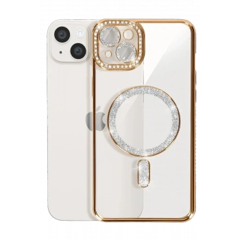 iPhone 15 Kılıf Joke Simli Magneticsafe Kılıf - Gold