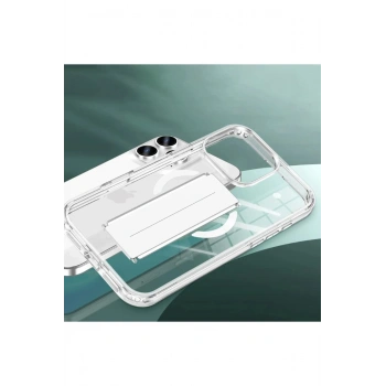 iPhone 15 Pro Max Kılıf Alfa Magsafe Standlı Kapak - Şeffaf