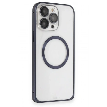 iPhone 15 Pro Max Kılıf Metal Bumper Magneticsafe Kapak - Lacivert
