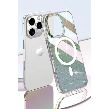 iPhone 15 Pro Max Rasasi Simli Magsafe Kapak - Şeffaf