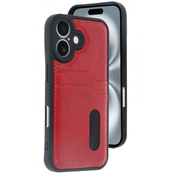 iPhone 16 Kılıf Sara Kartvizitli Deri Kılıf - Kırmızı