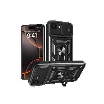 iPhone 16E Kılıf Pars Lens Yüzüklü Silikon - Siyah